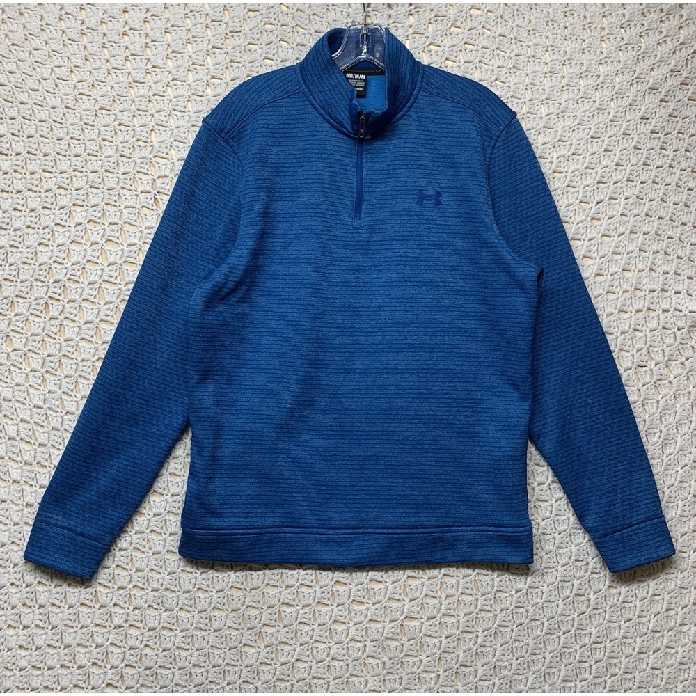 Under‎ Armour StormPullover Sweater Top Mens M Blue Striped Golf Quarter 1/4 Zip